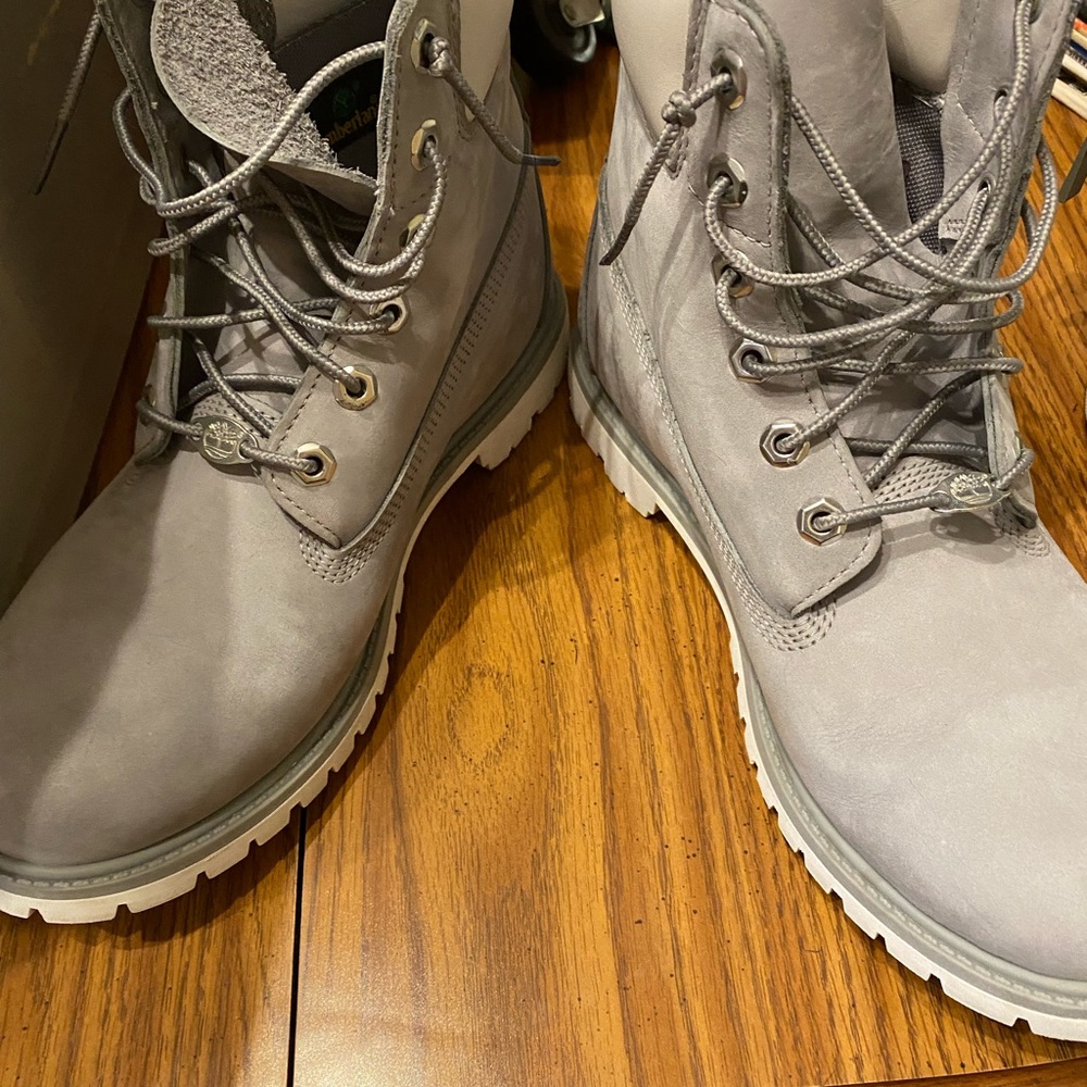 Womens Gray and White timberland boots 10
